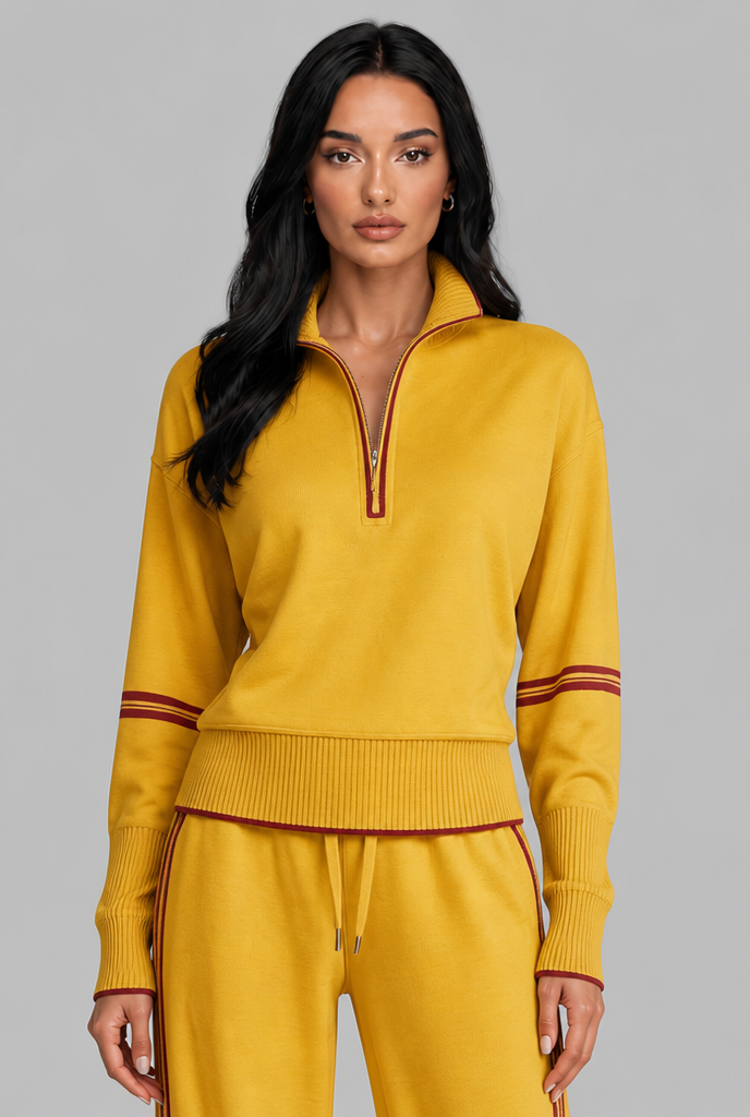 Women's Half-Zip Contrast Stripe Lounge Set - Mustard Yellow