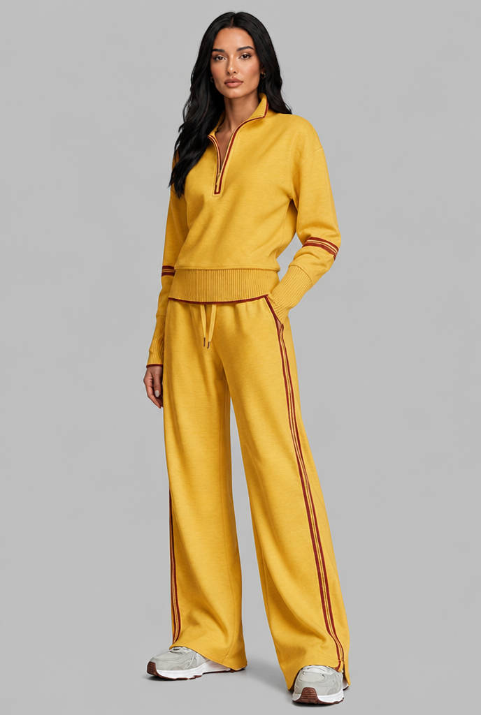 Women's Half-Zip Contrast Stripe Lounge Set - Mustard Yellow