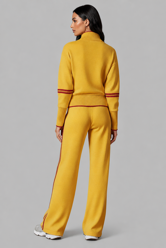 Women's Half-Zip Contrast Stripe Lounge Set - Mustard Yellow