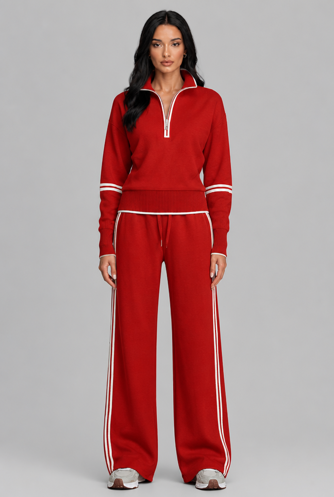 Women's Half-Zip Contrast Stripe Lounge Set - Red