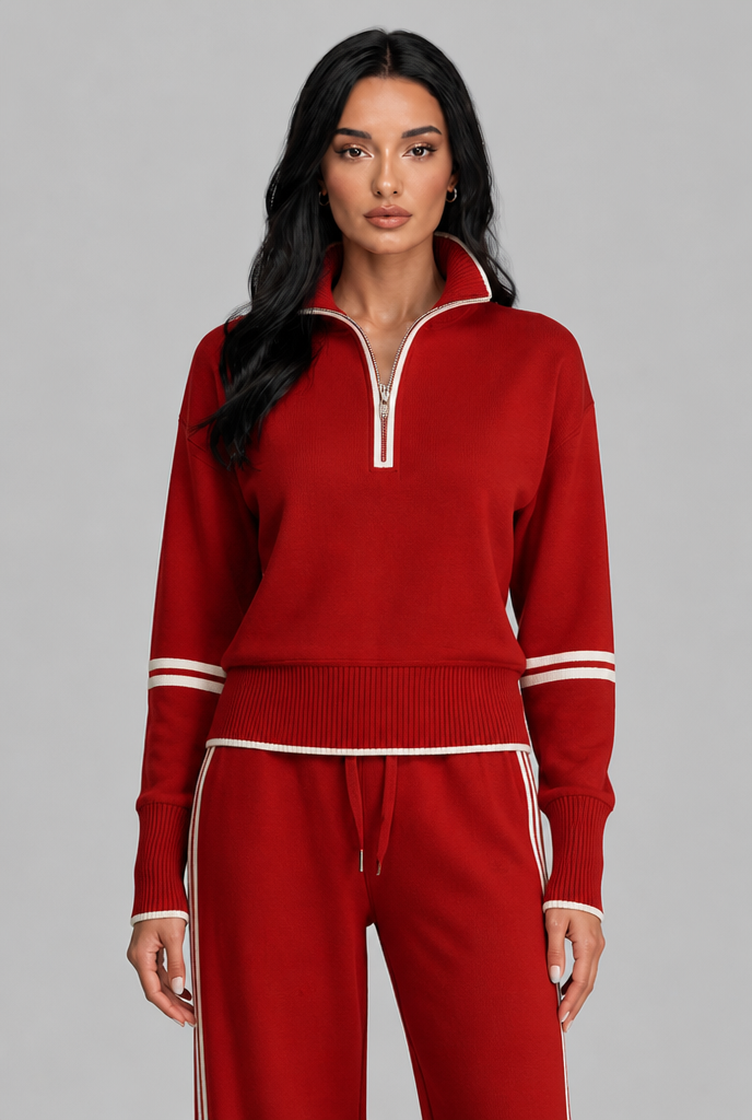 Women's Half-Zip Contrast Stripe Lounge Set - Red