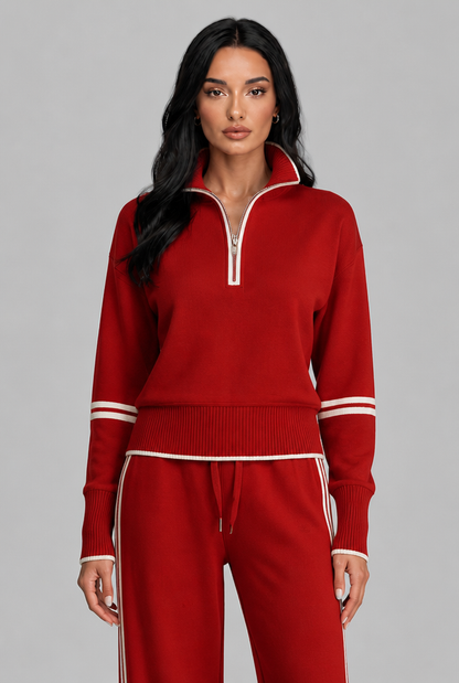 Women's Half-Zip Contrast Stripe Lounge Set - Red