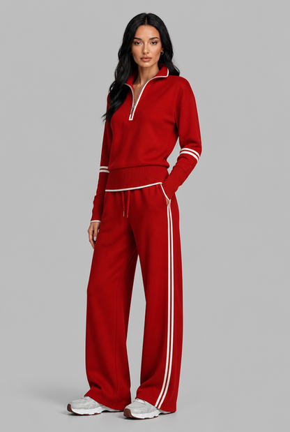 Women's Half-Zip Contrast Stripe Lounge Set - Red