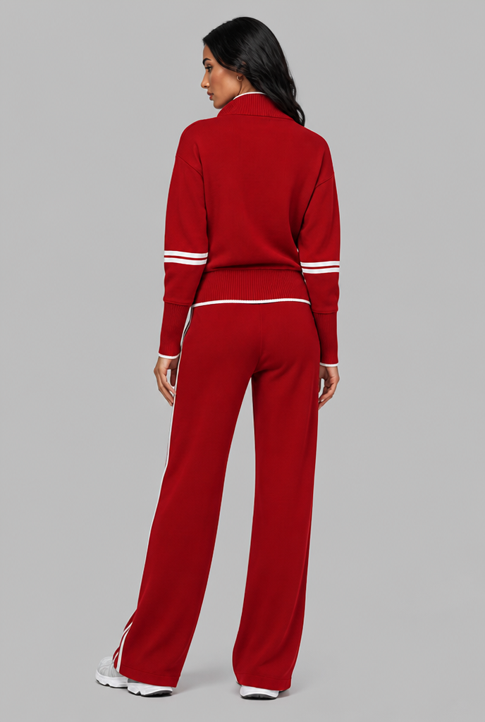 Women's Half-Zip Contrast Stripe Lounge Set - Red