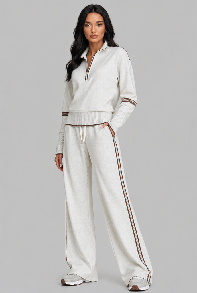 Women's Half-Zip Contrast Stripe Lounge Set - White