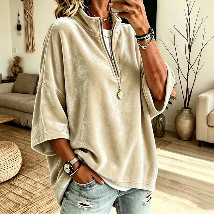 Women's Half-Zip Funnel Neck Velour Top - Beige