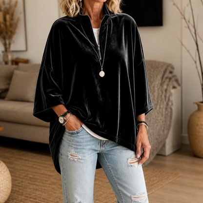 Women's Half-Zip Funnel Neck Velour Top - Black