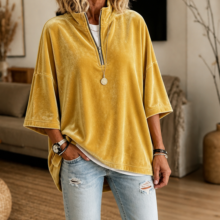 Women's Half-Zip Funnel Neck Velour Top - Mustard Yellow