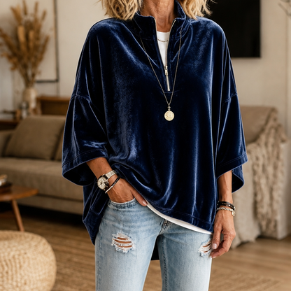 Women's Half-Zip Funnel Neck Velour Top - Navy