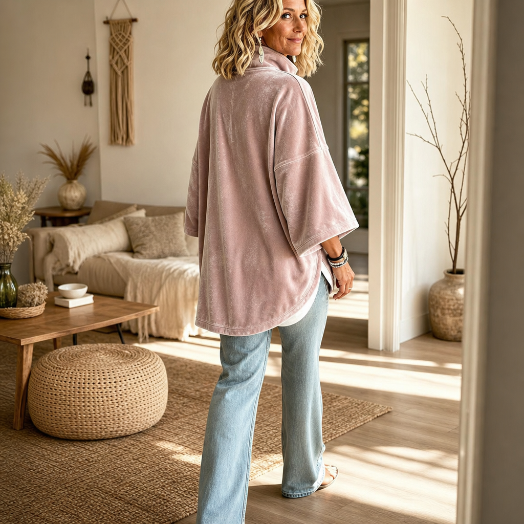 Women's Half-Zip Funnel Neck Velour Top - Pink