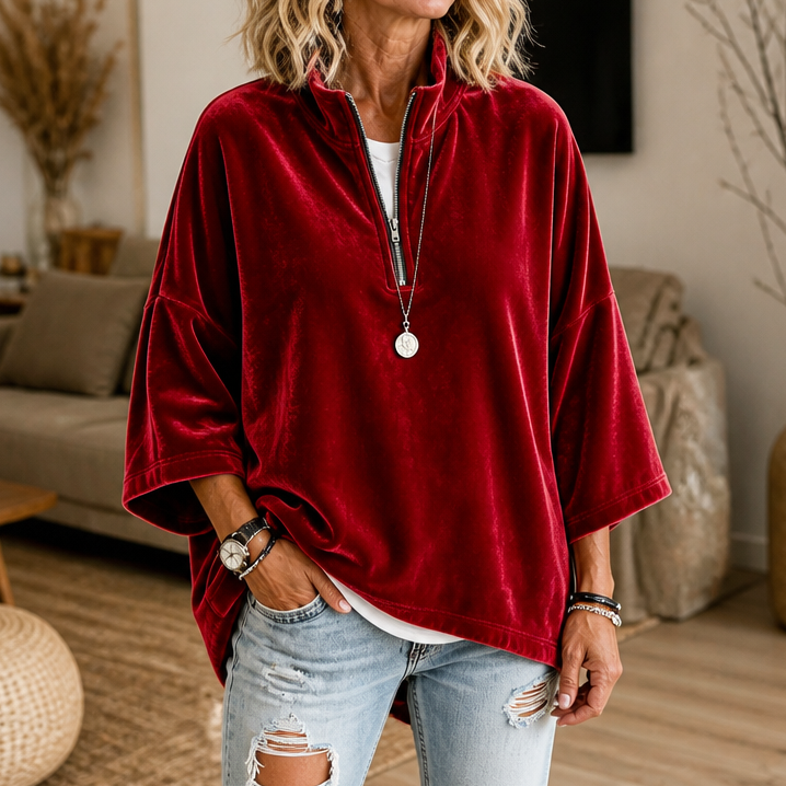 Women's Half-Zip Funnel Neck Velour Top - Red