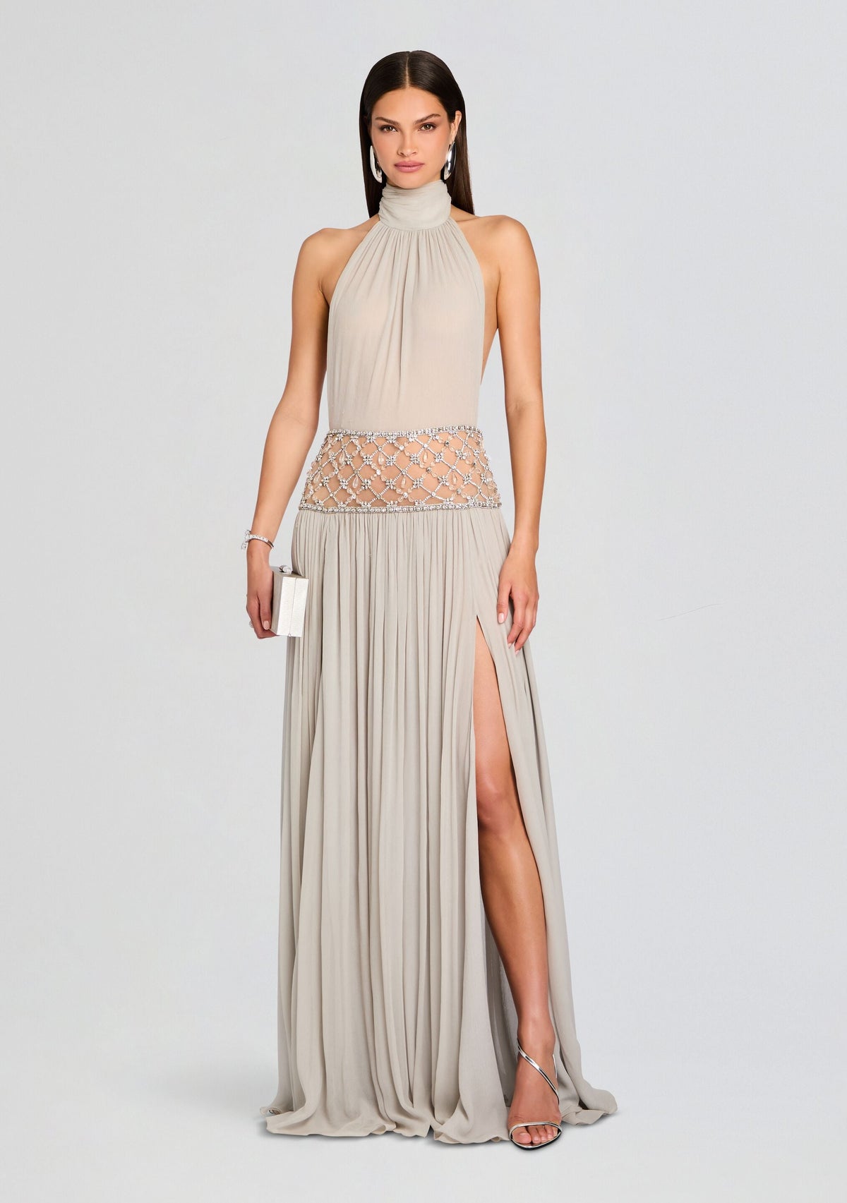 Women's Halter Beaded Waist Champagne Formal Maxi Dress - Champagne