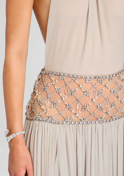 Women's Halter Beaded Waist Champagne Formal Maxi Dress - Champagne