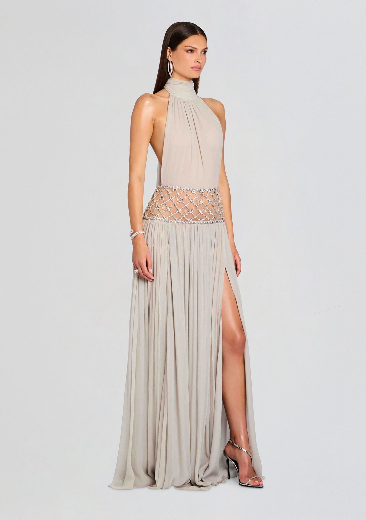 Women's Halter Beaded Waist Champagne Formal Maxi Dress - Champagne