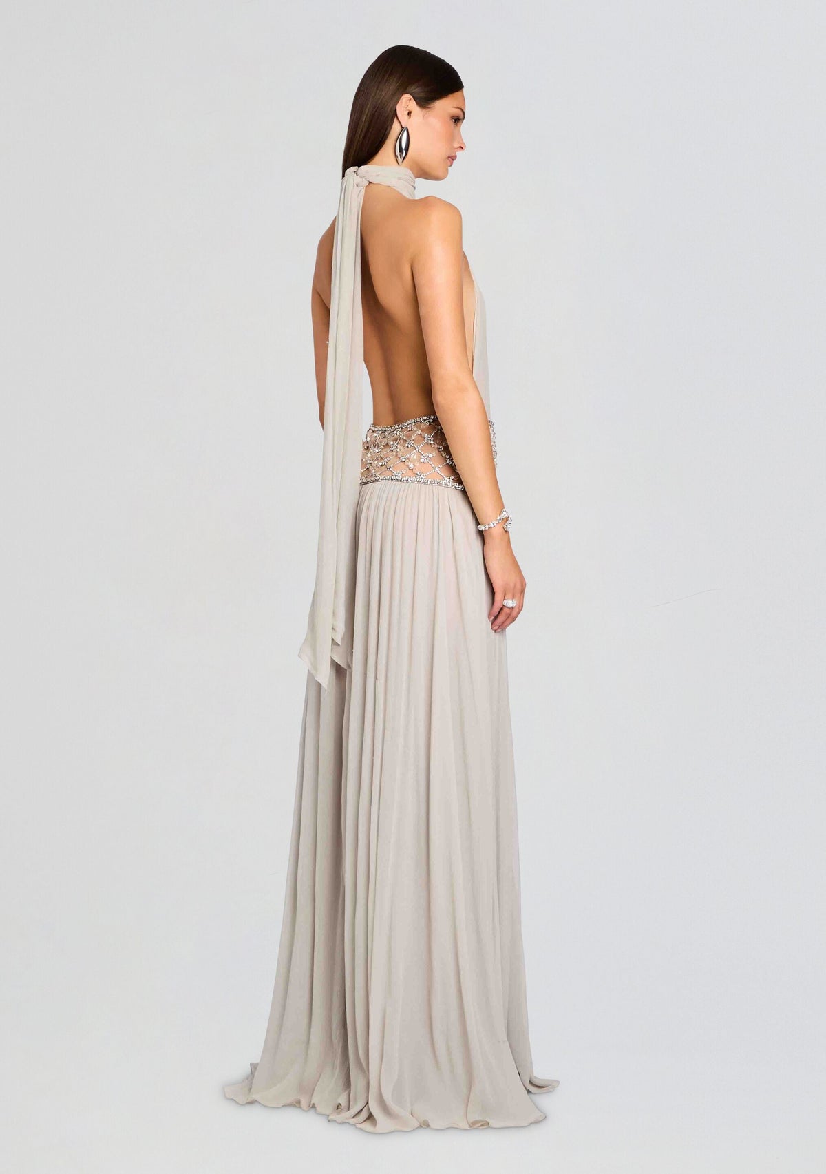 Women's Halter Beaded Waist Champagne Formal Maxi Dress - Champagne