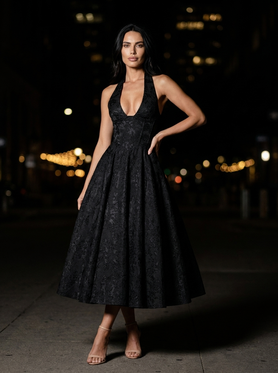Women's Halter Plunge Jacquard Midi Dress - Black