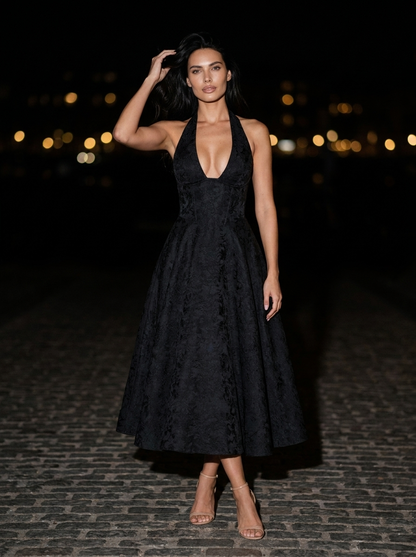 Women's Halter Plunge Jacquard Midi Dress - Black