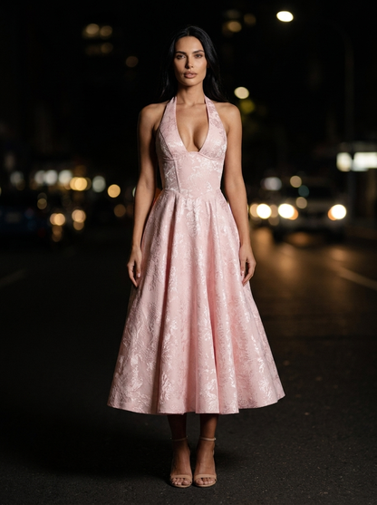 Women's Halter Plunge Jacquard Midi Dress - Blush Pink