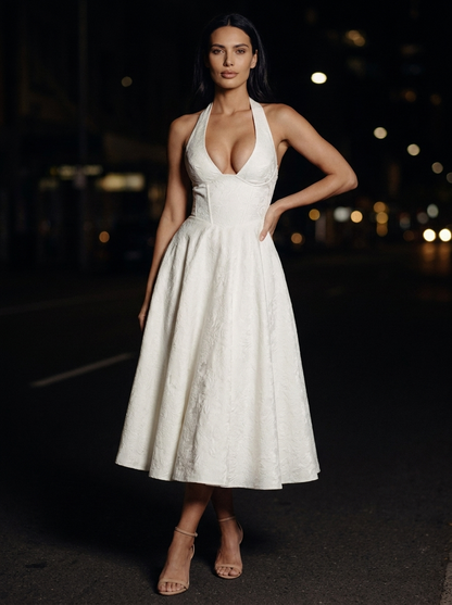 Women's Halter Plunge Jacquard Midi Dress - Ivory