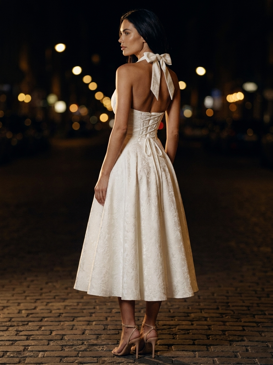 Women's Halter Plunge Jacquard Midi Dress - Ivory