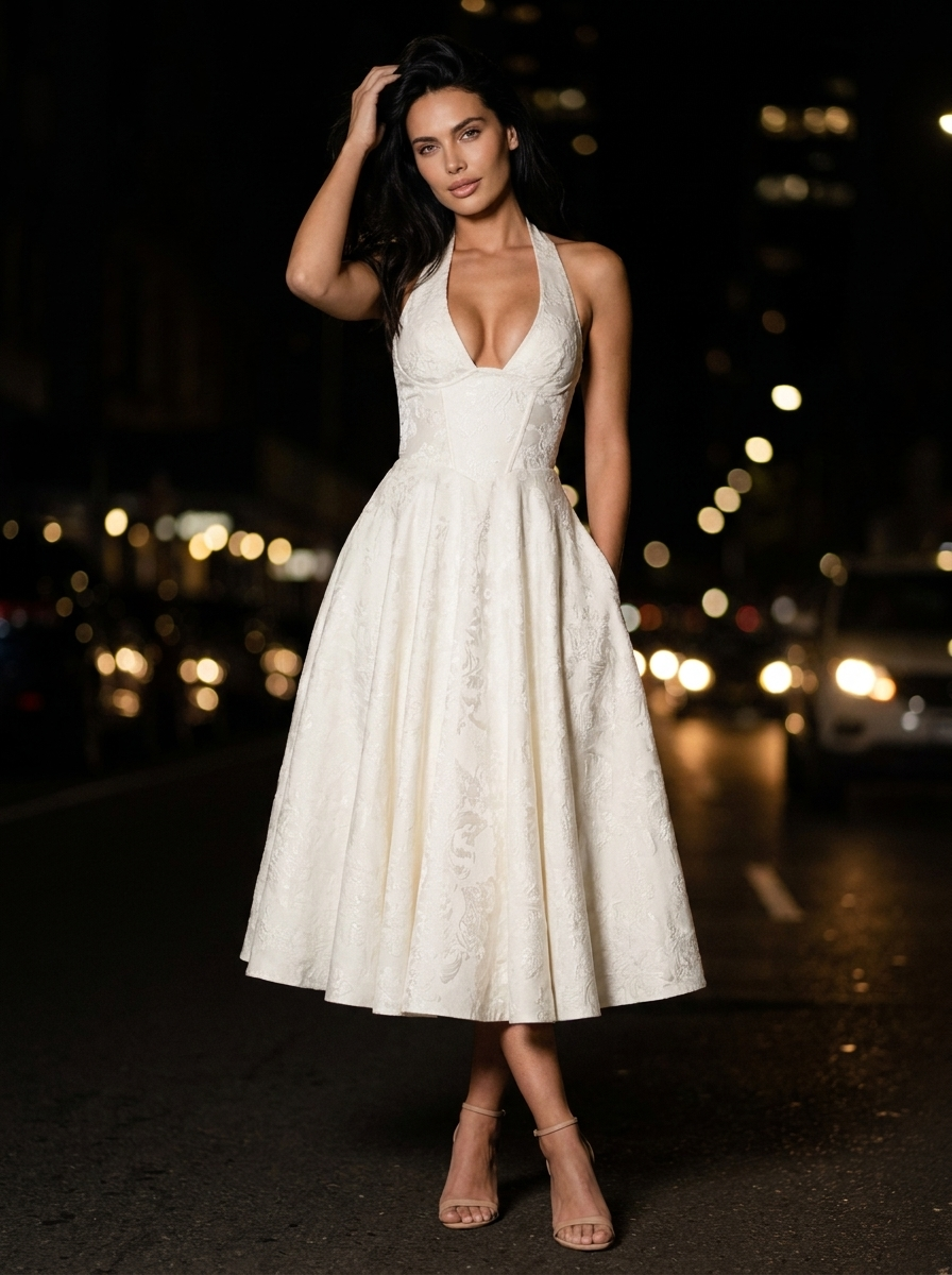 Women's Halter Plunge Jacquard Midi Dress - Ivory