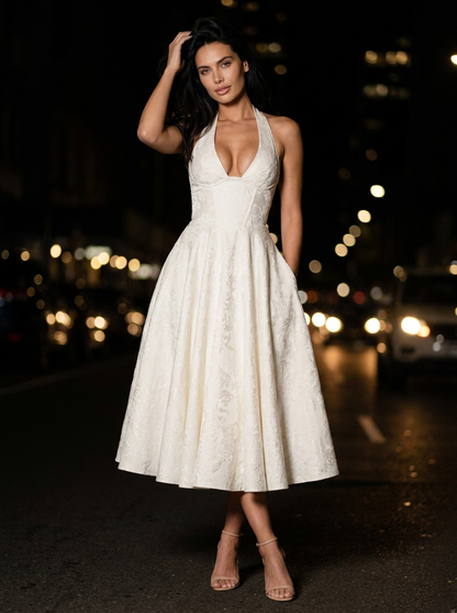 Women's Halter Plunge Jacquard Midi Dress - Ivory