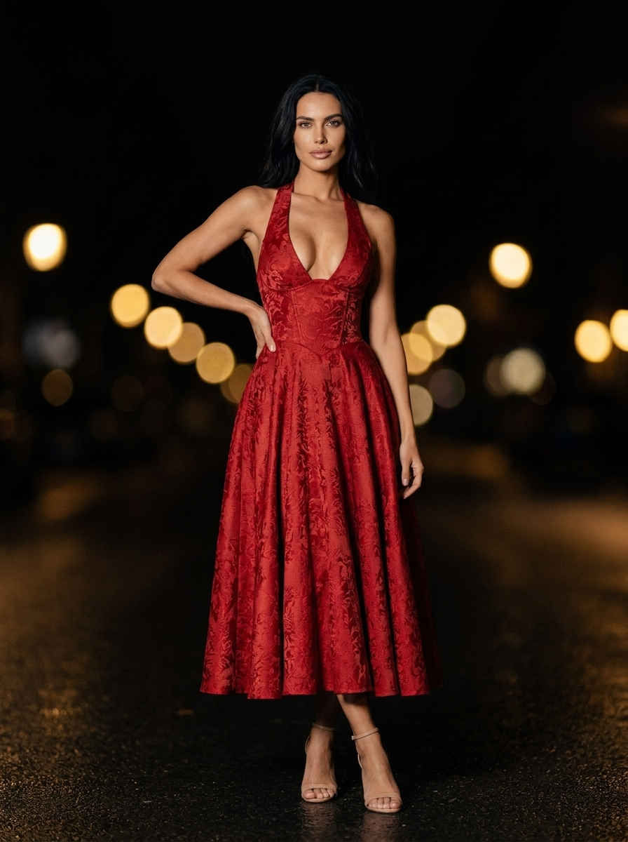 Women's Halter Plunge Jacquard Midi Dress - Red
