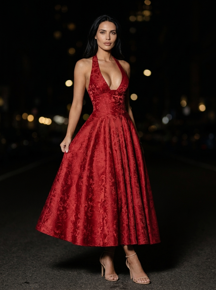Women's Halter Plunge Jacquard Midi Dress - Red