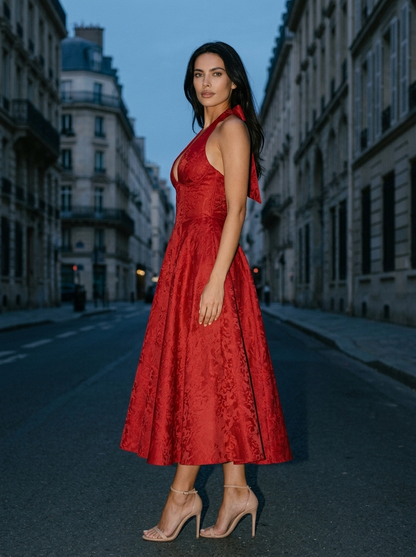 Women's Halter Plunge Jacquard Midi Dress - Red