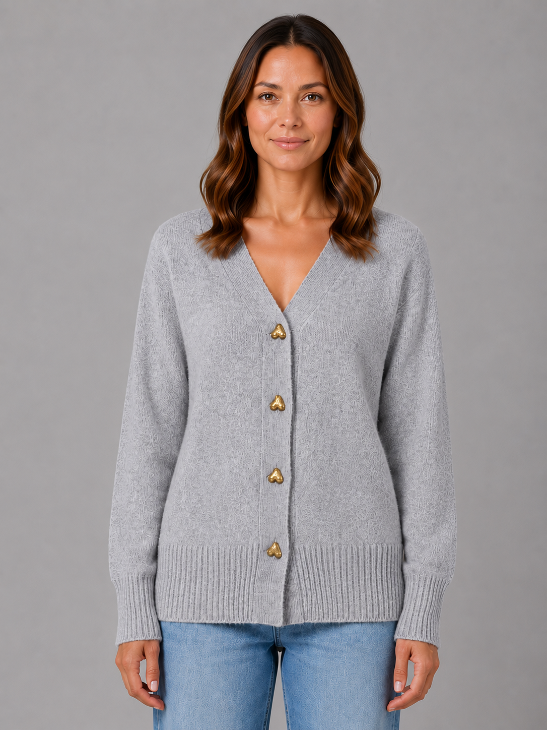 Women's Heart Button V-Neck Knit Cardigan - Gray