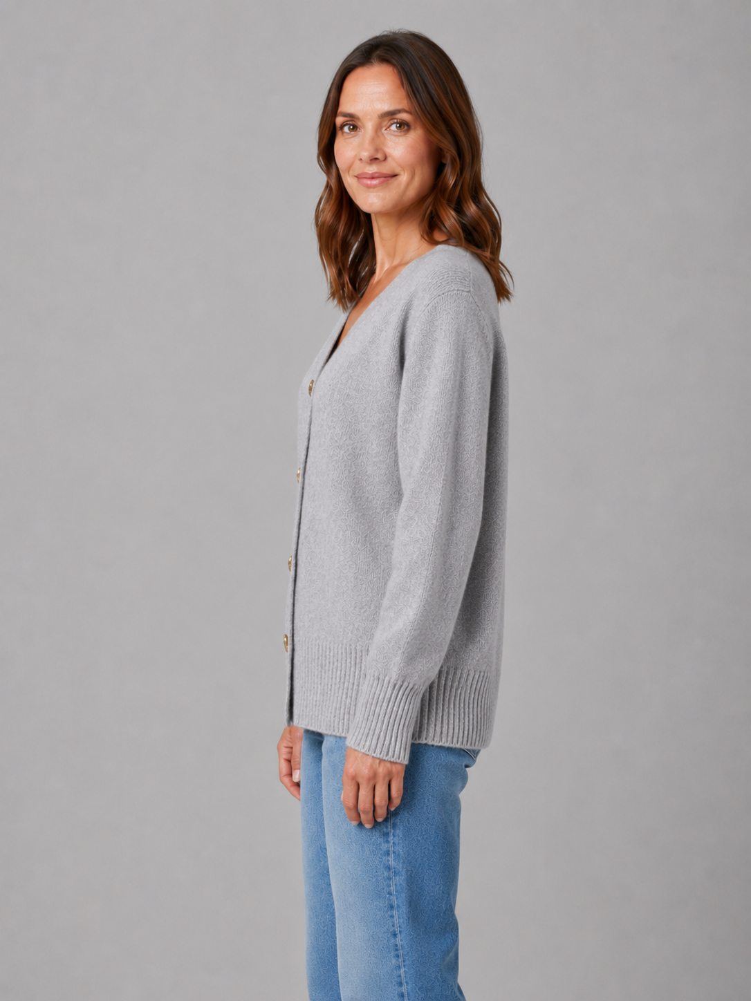 Women's Heart Button V-Neck Knit Cardigan - Gray