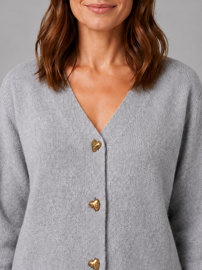 Women's Heart Button V-Neck Knit Cardigan - Gray