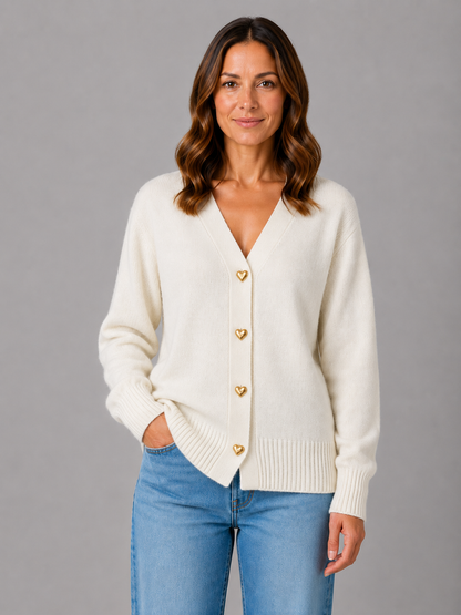 Women's Heart Button V-Neck Knit Cardigan - Ivory