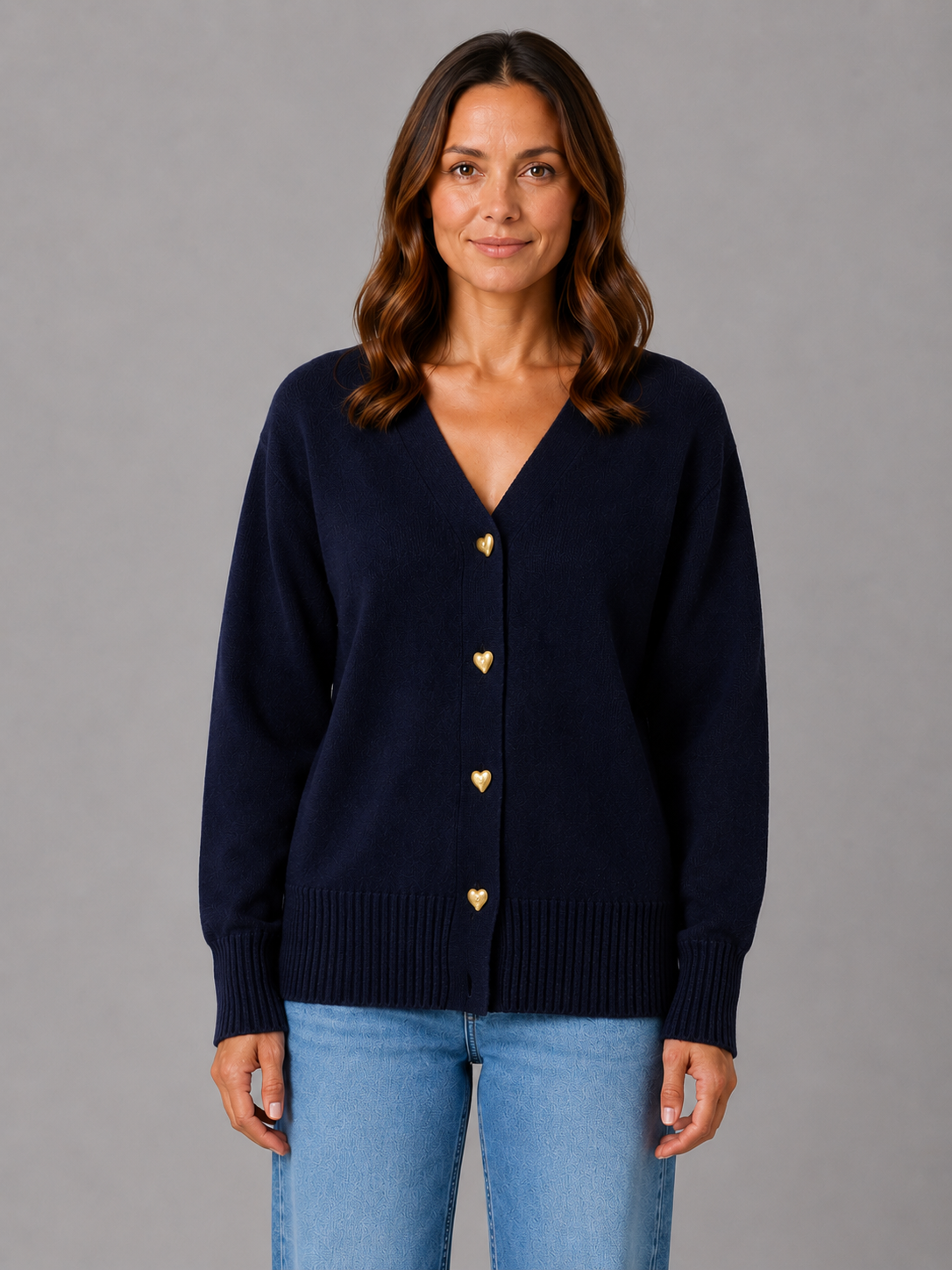 Women's Heart Button V-Neck Knit Cardigan - Navy