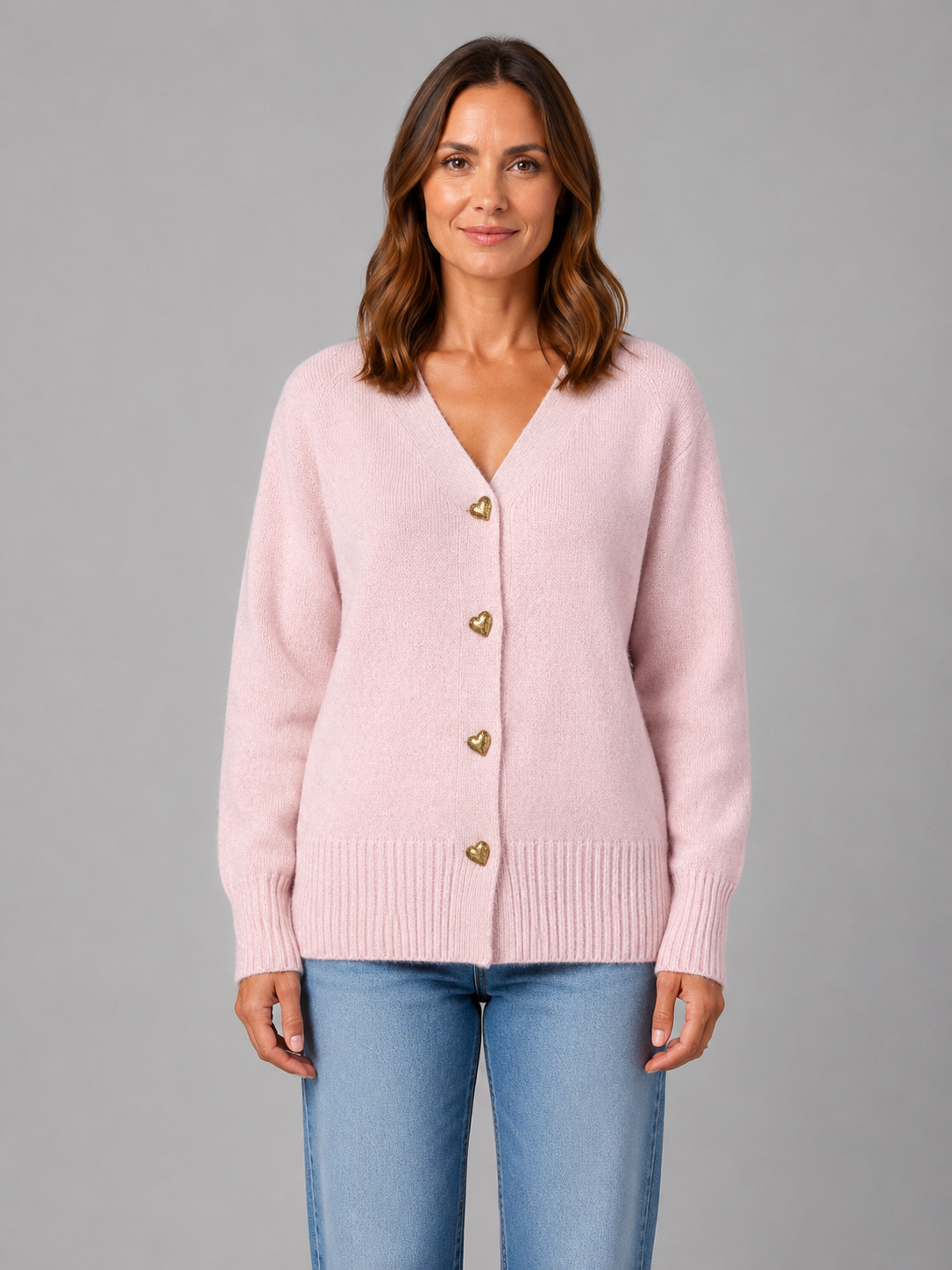 Women's Heart Button V-Neck Knit Cardigan - Pink