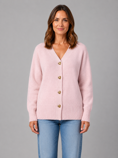 Women's Heart Button V-Neck Knit Cardigan - Pink