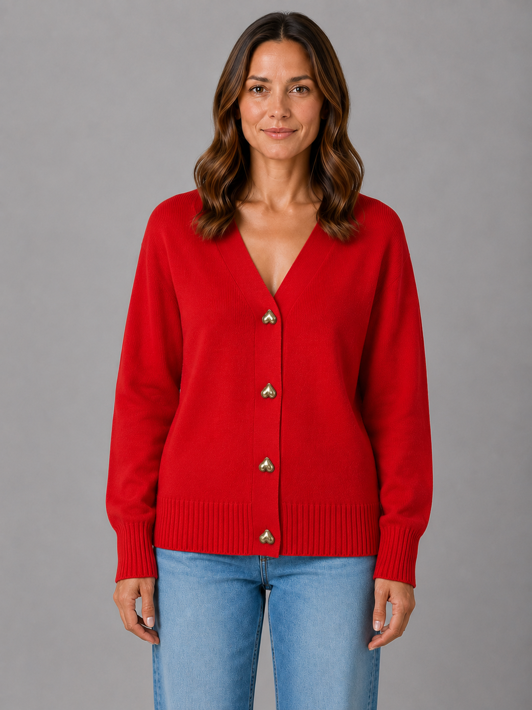 Women's Heart Button V-Neck Knit Cardigan - Red