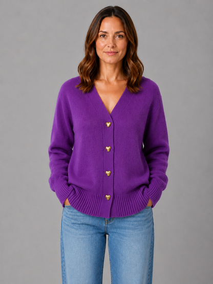 Women's Heart Button V-Neck Knit Cardigan - Violet