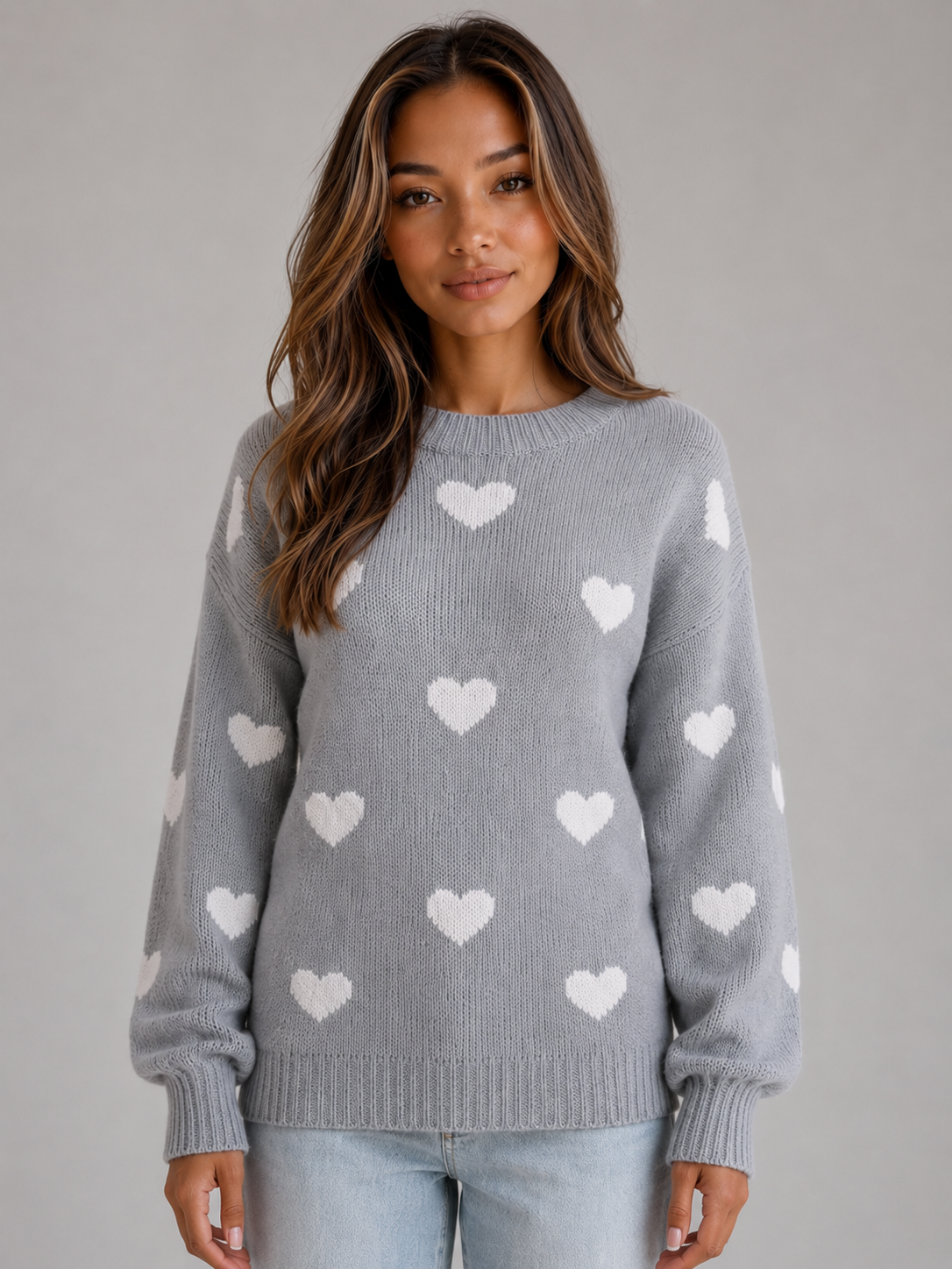 Women's Heart Print Crew Neck Knit Sweater - Gray Heart Print