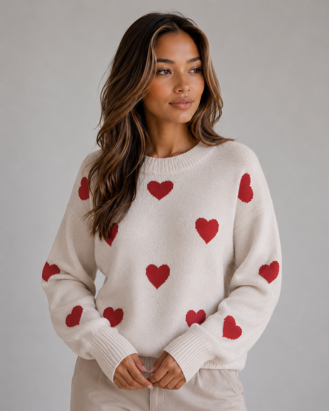 Women's Heart Print Crew Neck Knit Sweater - Ivory Heart Print