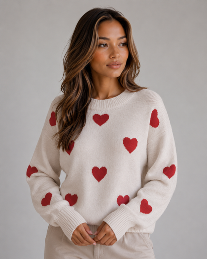 Women's Heart Print Crew Neck Knit Sweater - Ivory Heart Print