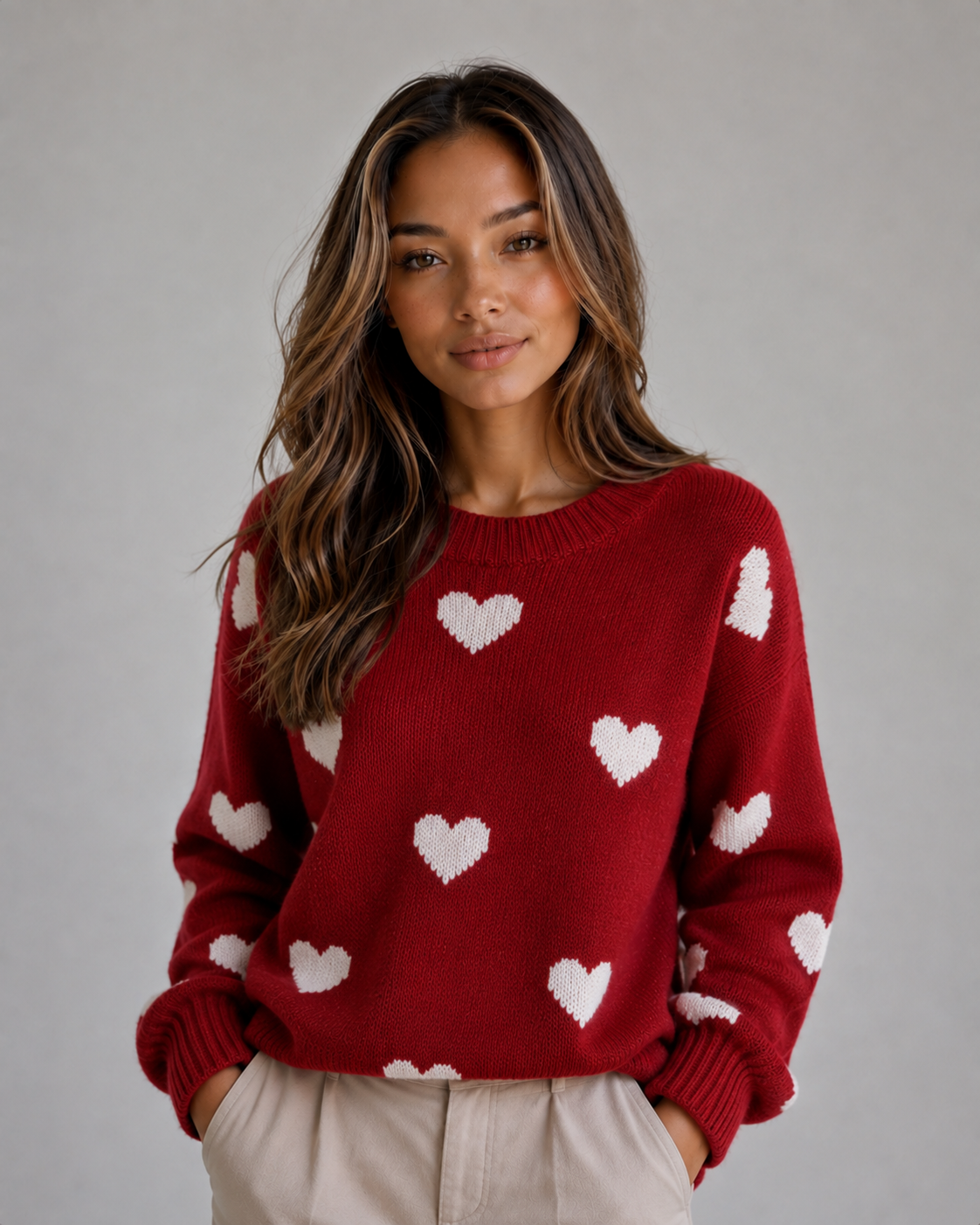 Women's Heart Print Crew Neck Knit Sweater - Red Heart Print