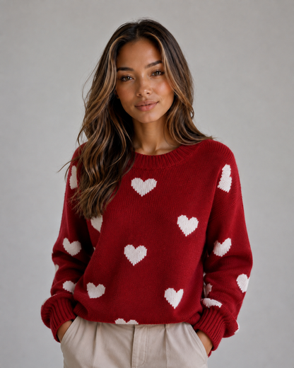 Women's Heart Print Crew Neck Knit Sweater - Red Heart Print