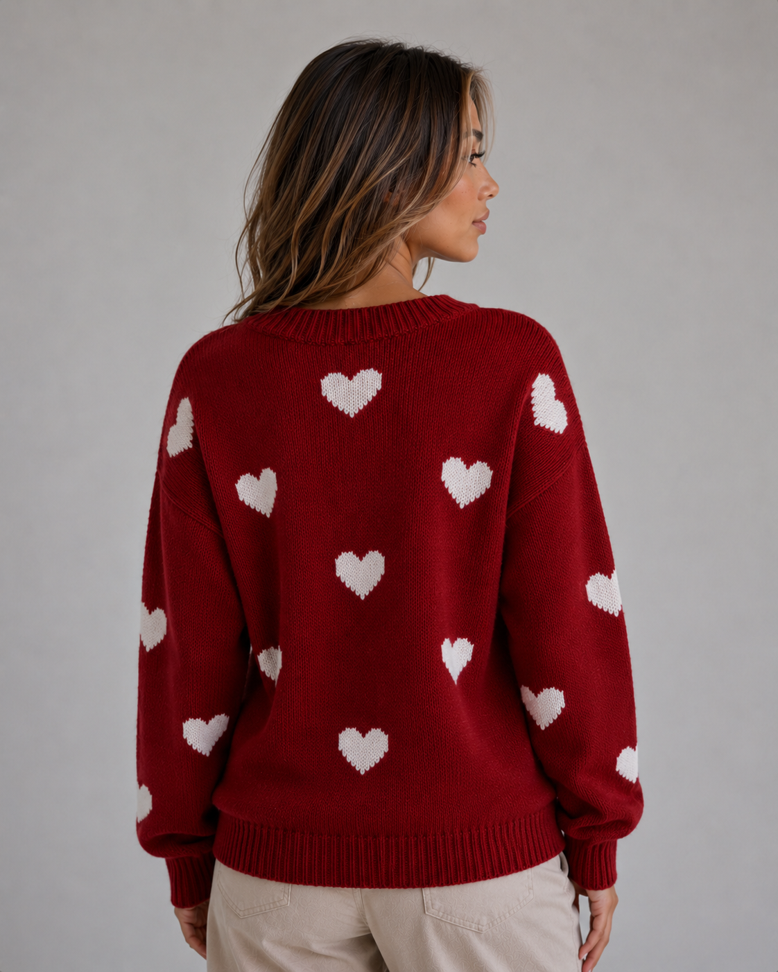 Women's Heart Print Crew Neck Knit Sweater - Red Heart Print