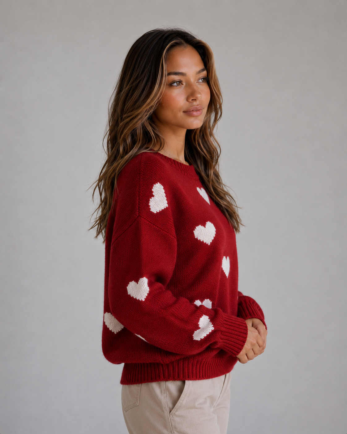 Women's Heart Print Crew Neck Knit Sweater - Red Heart Print