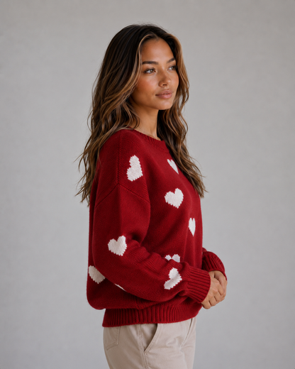Women's Heart Print Crew Neck Knit Sweater - Red Heart Print