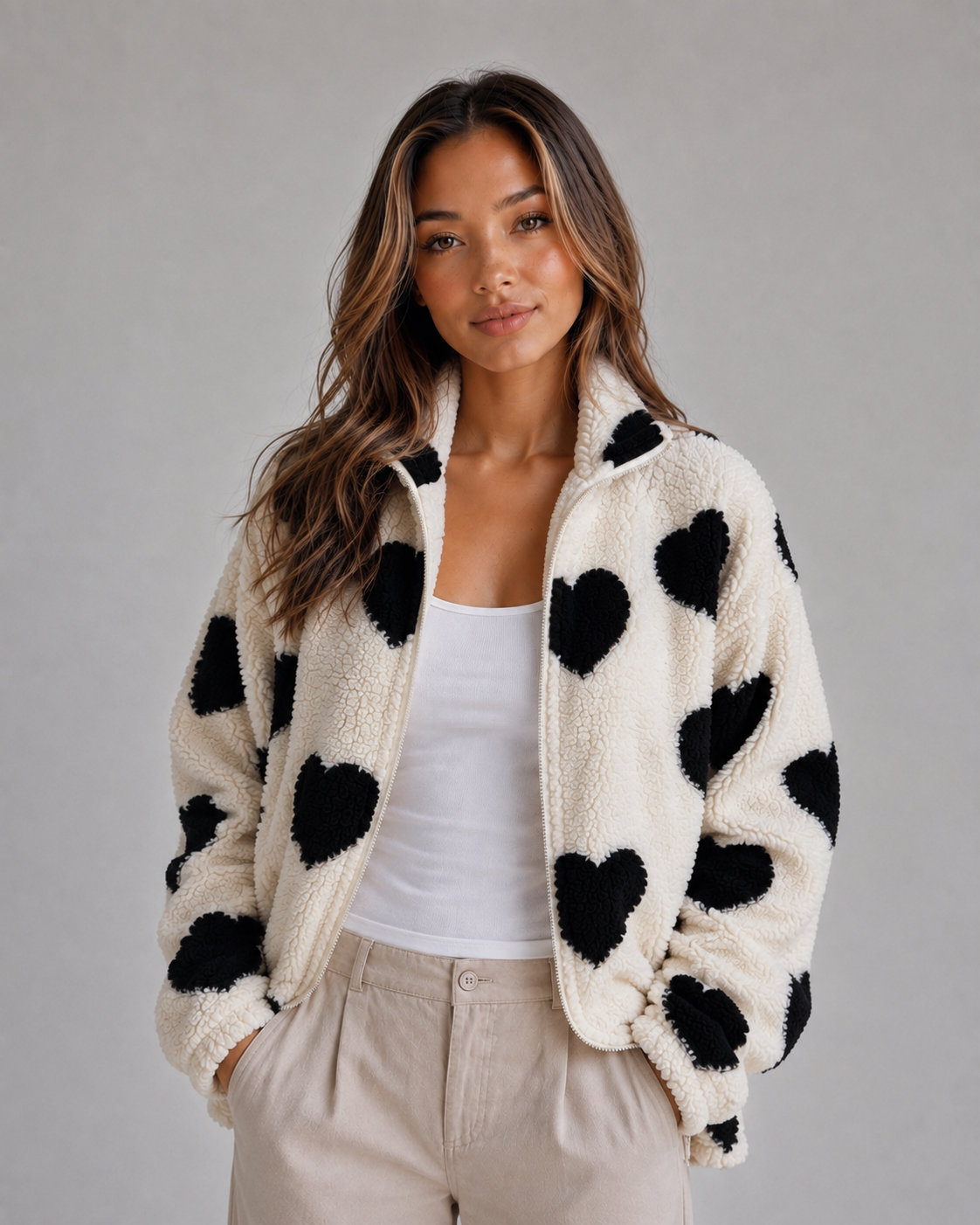 Women's Heart Print Teddy Fleece Jacket - Black