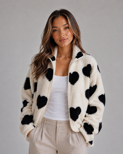 Women's Heart Print Teddy Fleece Jacket - Black