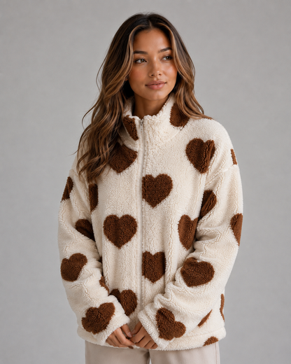 Women's Heart Print Teddy Fleece Jacket - Brown