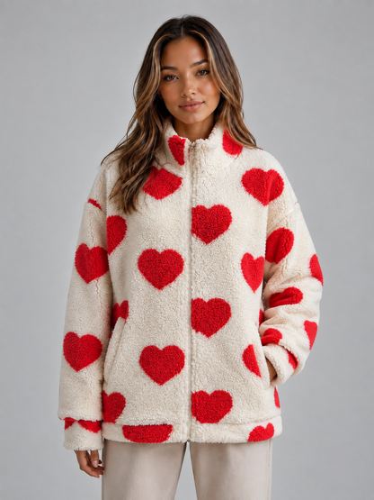 Women's Heart Print Teddy Fleece Jacket - Red